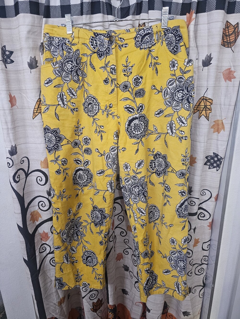 Women's 14W Gold & Blue Floral Cotton Blend Pants w/ Stretch By Talbots Woman